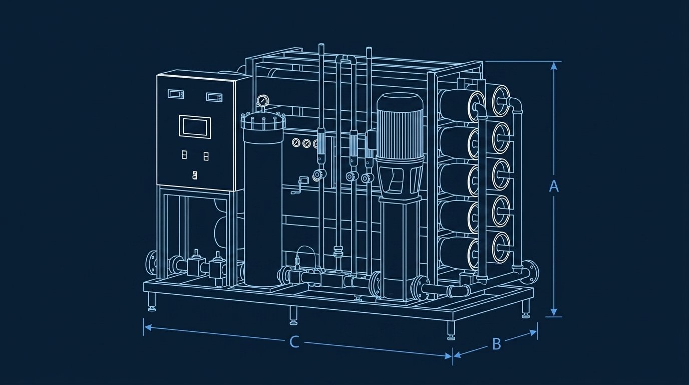 Plano dimensional del equipo de ósmosis industrial OI2180