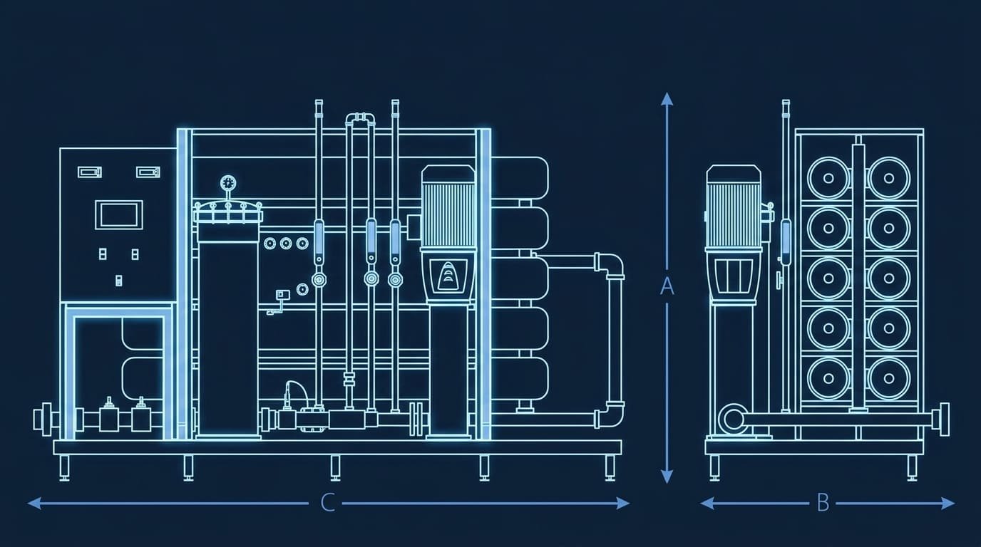 Plano dimensional del equipo de ósmosis industrial OI6380