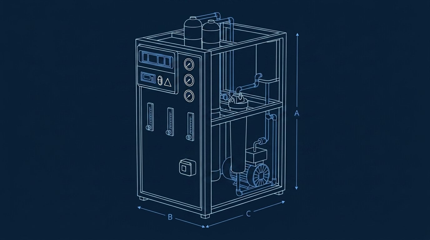 Plano dimensional de la ósmosis industrial OI0501 200 L/h