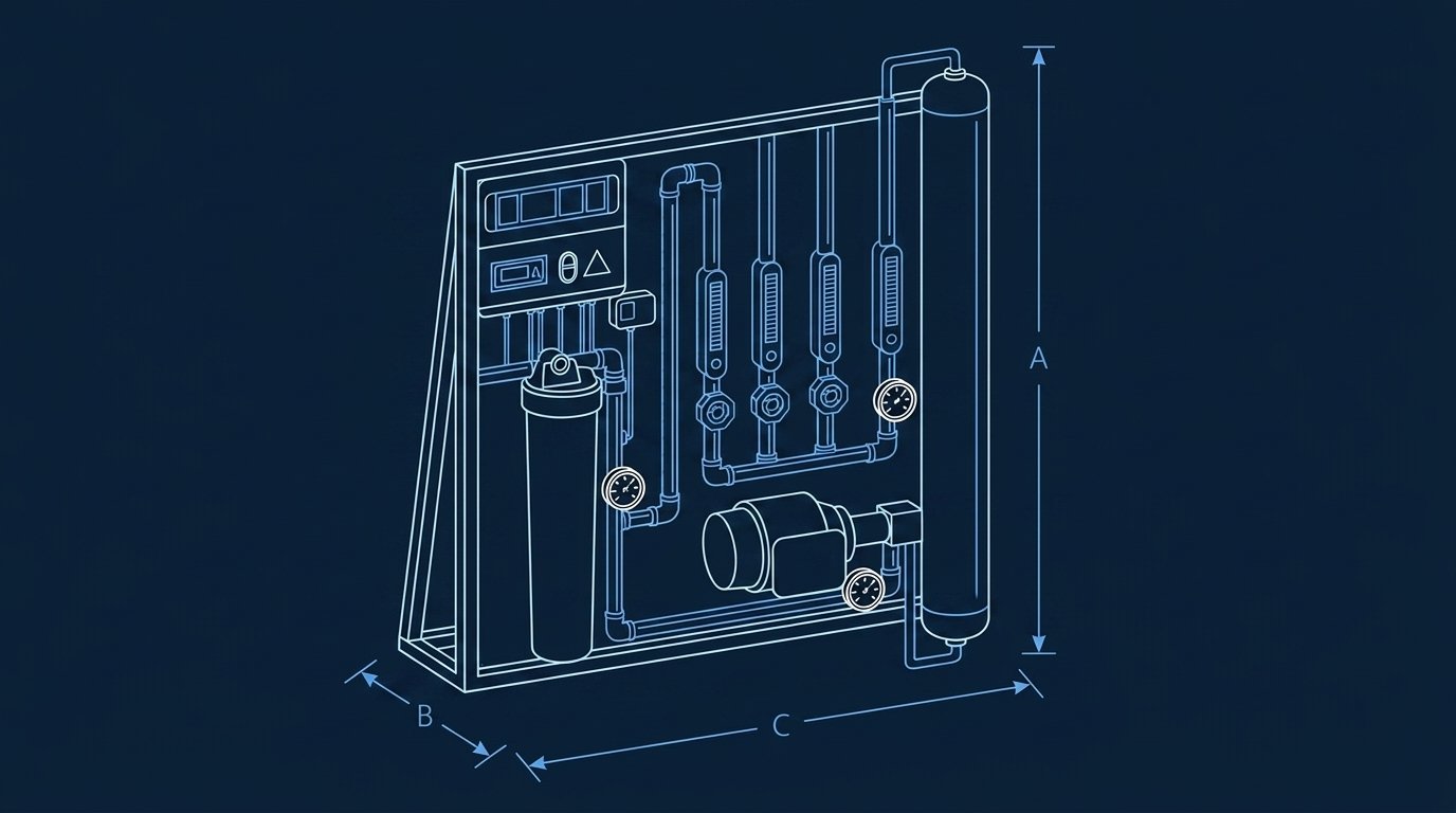 Plano dimensional del equipo de ósmosis industrial OI4021