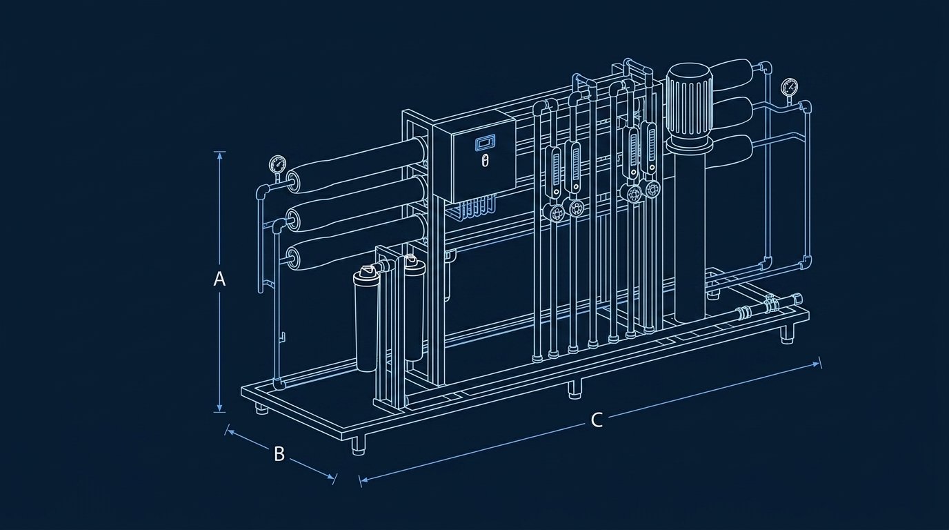 Plano dimensional del equipo de ósmosis industrial OI3340